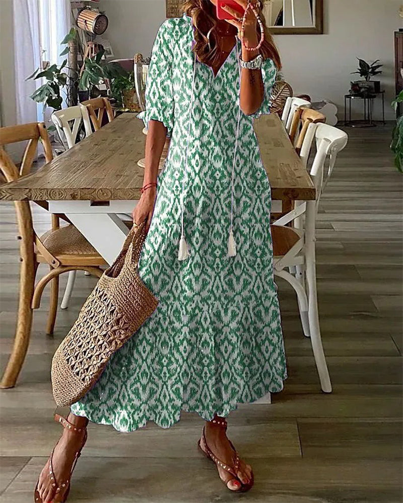 Melissa | Boho Vintage V-Neck Printed Dress