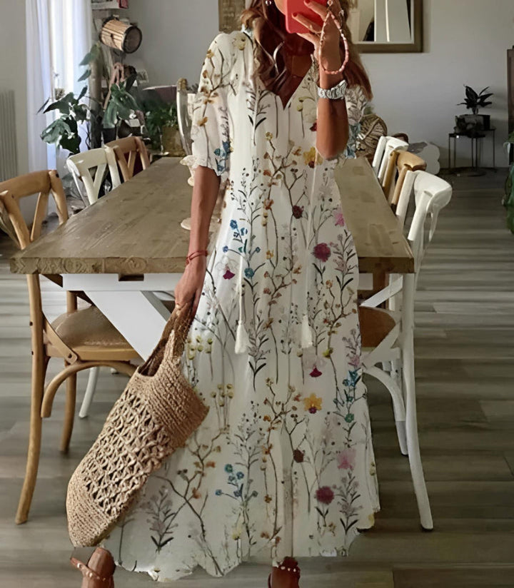 Melissa | Boho Vintage V-Neck Printed Dress