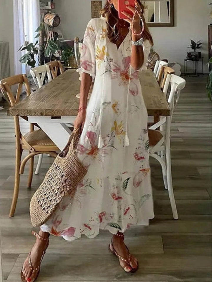 Melissa | Boho Vintage V-Neck Printed Dress