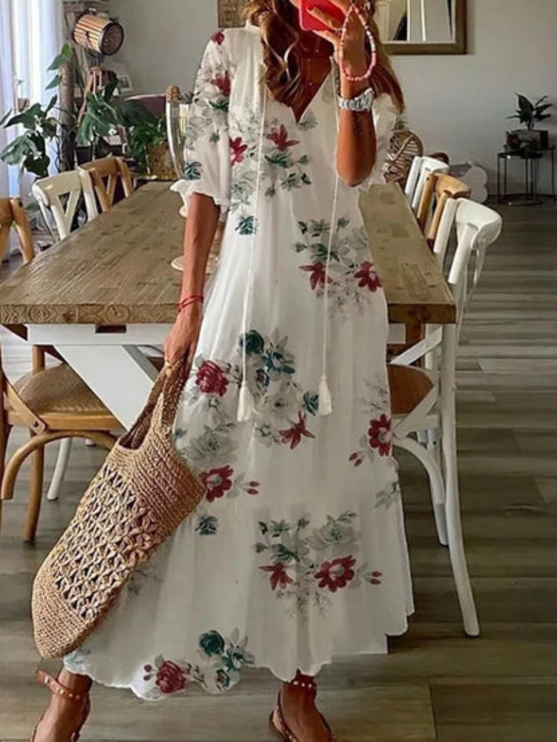 Melissa | Boho Vintage V-Neck Printed Dress